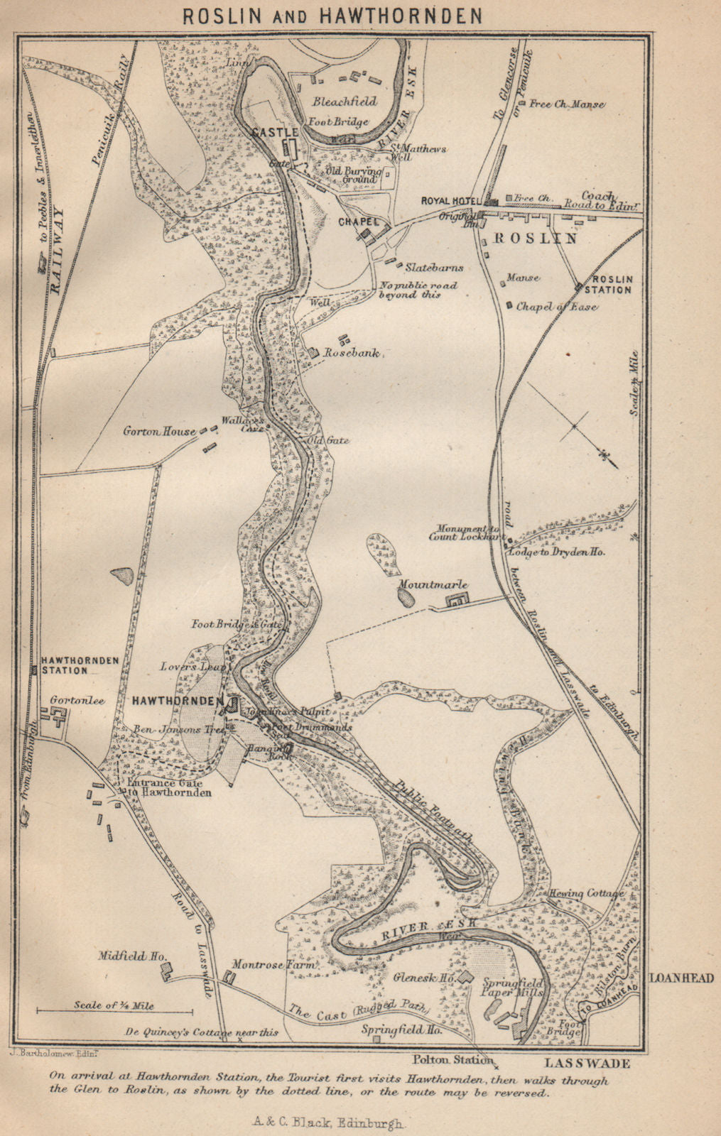 Rosslyn & Hawthornden. Scotland 1886 old antique vintage map plan chart